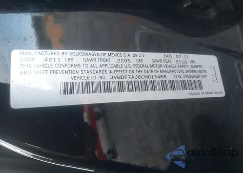 2012 Volkswagen Jetta 2.5L Se z USA, uszkodzony, nr VIN 3VWDP7AJ6CM013458